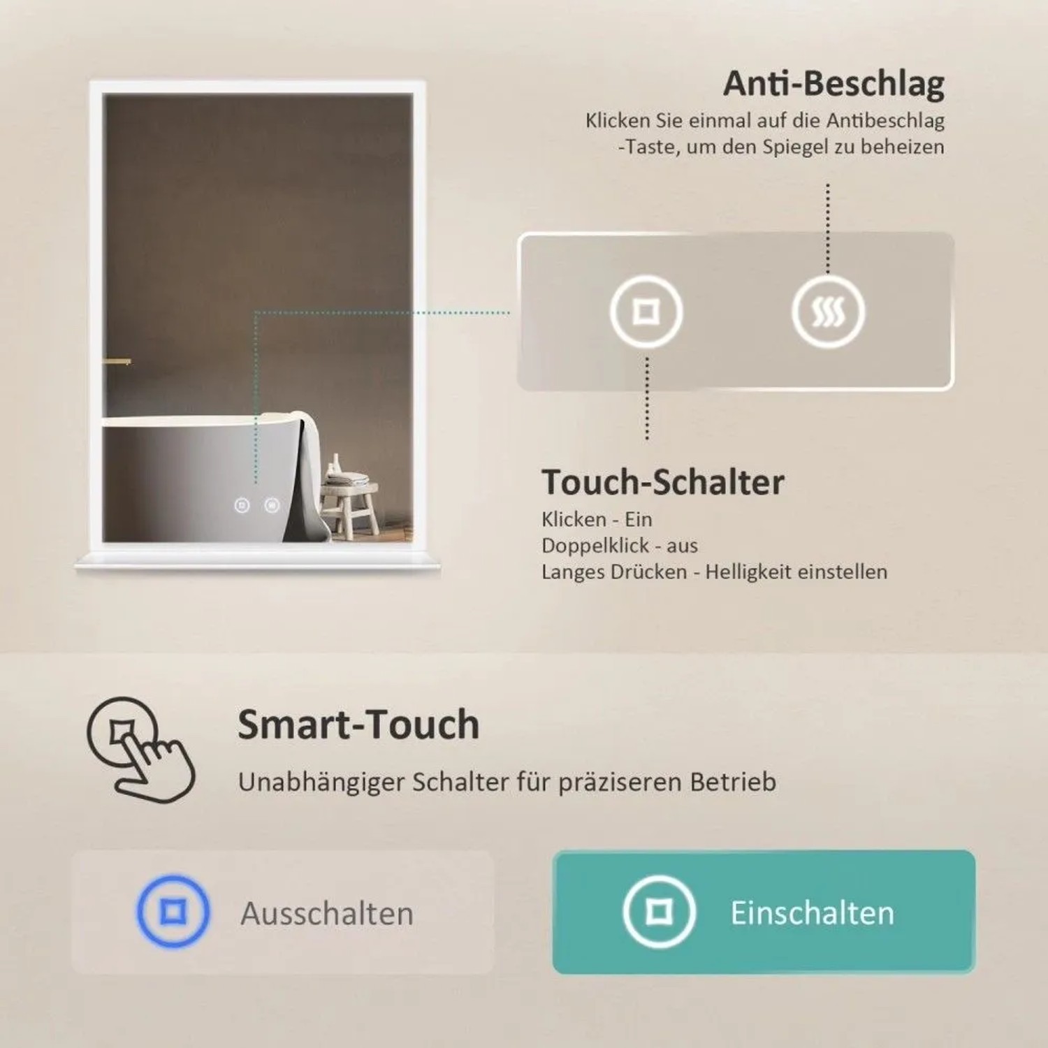 Emke Badspiegel 50x70 cm mit Ablage, Kaltweiß LED-Beleuchtung, Touch-Schalter und Antibeschlag-Funktion.