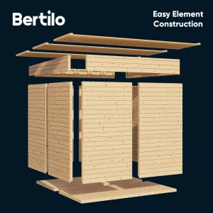 Explosionszeichnung des Bertilo Holz-Gartenhauses Cubus 2 Lounge aus nordischer Fichte.