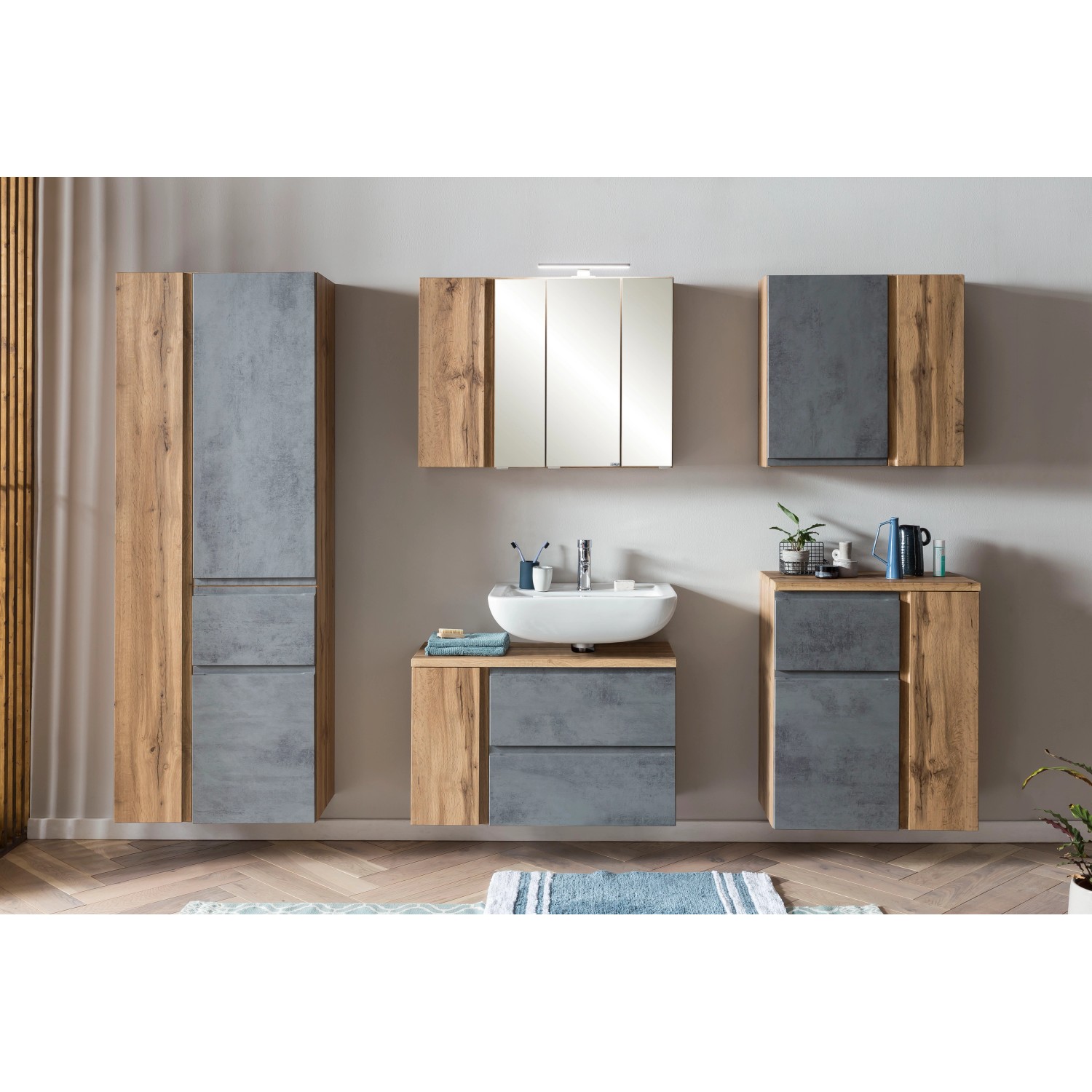 Held Möbel Badmöbel-Set Ancona in Betongrau und Wotaneiche, bestehend aus Hänge- und Unterschränken.