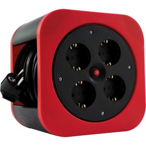 Rote Design Kabelbox S-Box mit 10 m Kabel und 4 Steckdosen für Innenräume.