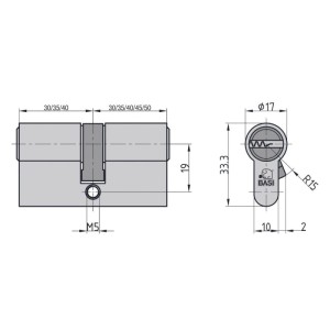 Technische Zeichnung: Basi V55 Profil-Doppelzylinder 35/45 mm, Maße und Details.