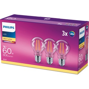 Philips E27 LED Leuchtmittel in Glühlampenform, 3er-Pack, 7W, warmweißes Licht.