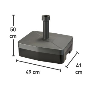 Anthrazitfarbener Schirmständer Lucena, befüllbar bis 40 kg, mit Rollen und Griff für einfachen Transport.