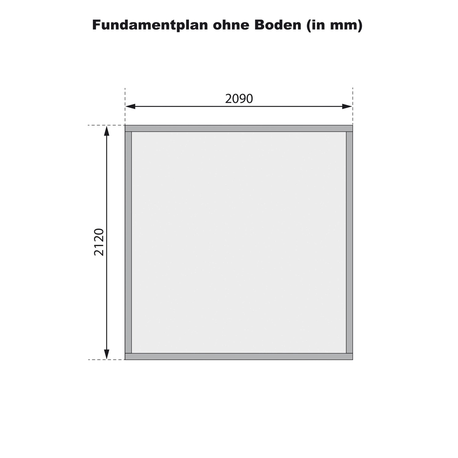 Fundamentplan für Karibu Express Gartenhaus Speedy A, 2090x2120 mm. Zeigt die Maße der Grundfläche ohne Boden.