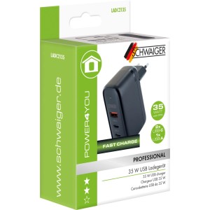 Schwaiger Ladeadapter 35W mit 2x USB-C und 1x USB-A Port, in weiß-grüner Verpackung. Handy-Zubehör.