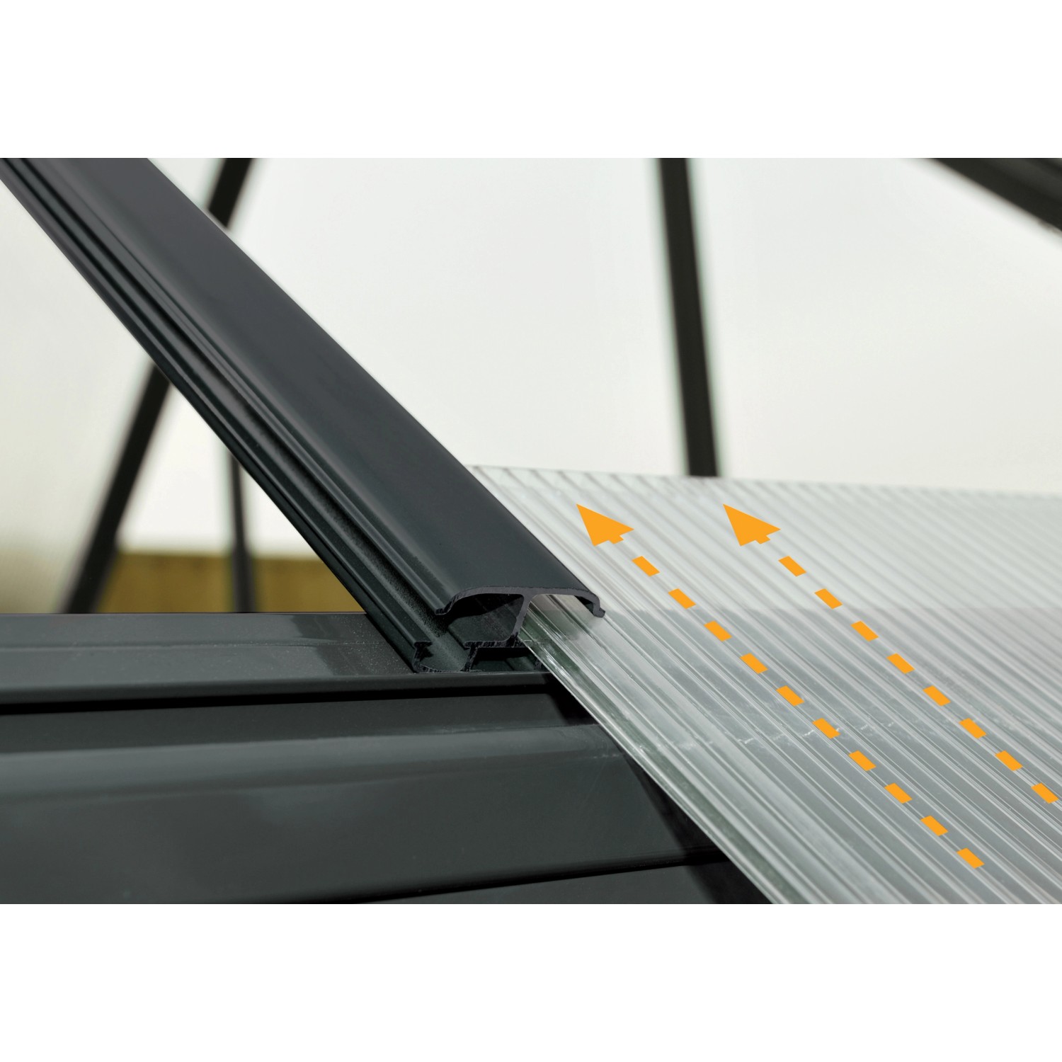 Detailaufnahme: Palram Canopia Gewächshaus Victory Orangerie, Polycarbonat-Paneele und Rahmen.