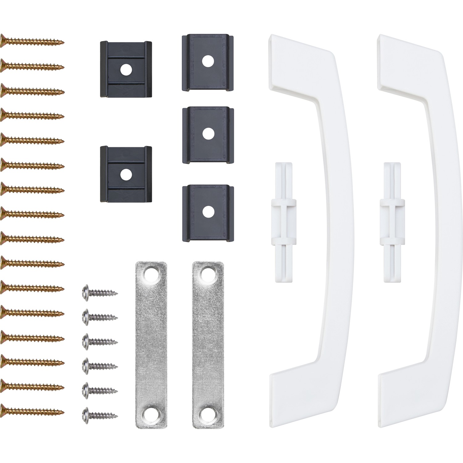 Zubehör für Falttür, bestehend aus Griffen, Schrauben, Schienen und Montageelementen.