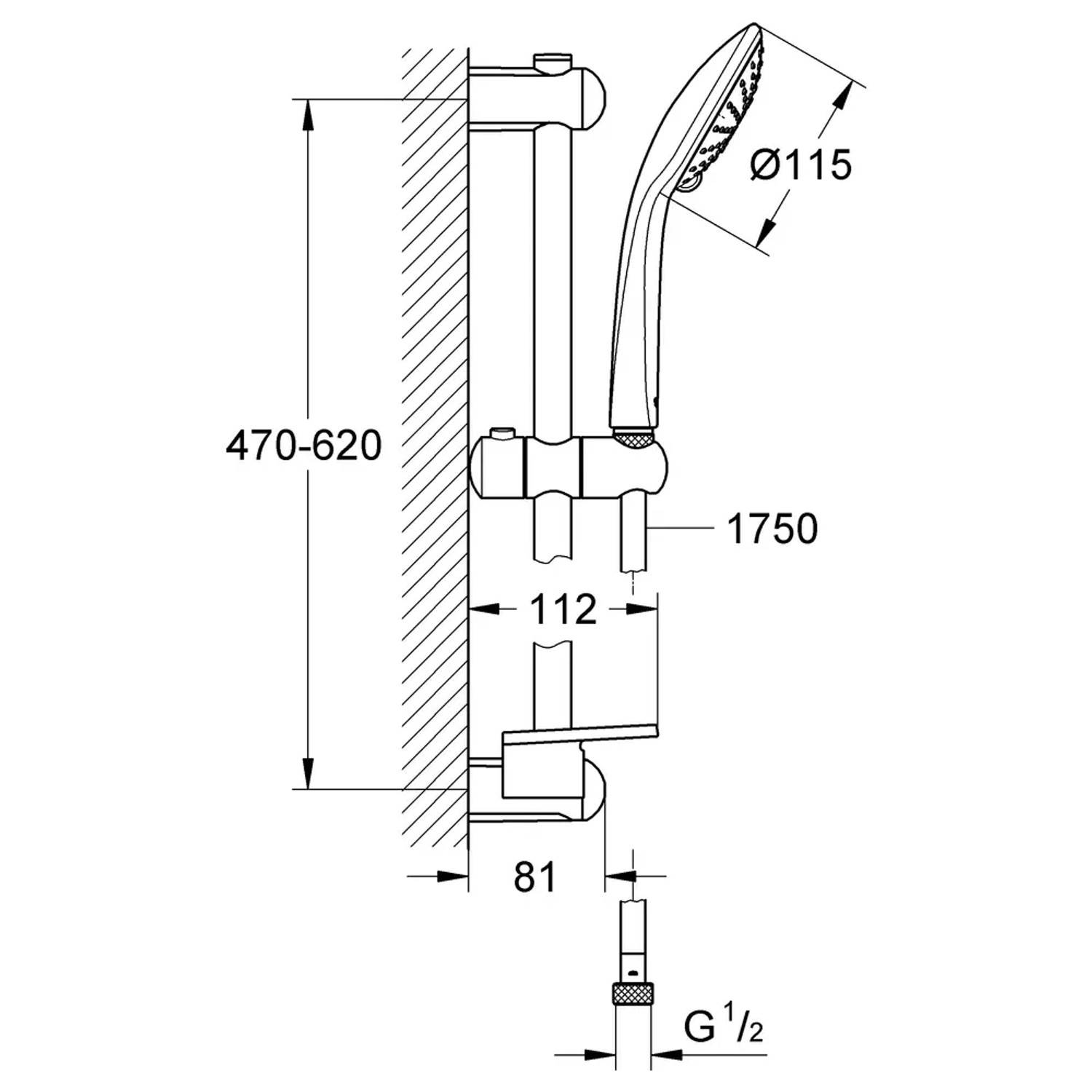 Technische Zeichnung Grohe Brausestangen-Set Euphoria 110 Duo mit Maßangaben.