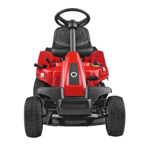 Roter Troy-Bilt Aufsitzmäher Mini-Rider 76T-R, Frontansicht. Rasentraktor mit Lenkrad und Sitz.