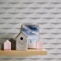 Vliestapete mit 3D-Effekt, geometrisches Muster in Weiß und Grau, matte Oberfläche.