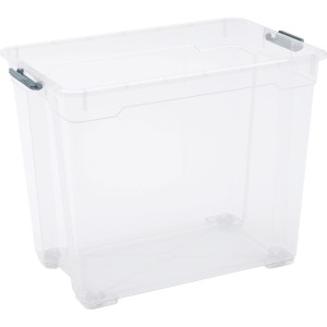 Transparente OBI Allzweckbox Cadiz XXL mit Rollen und grauen Verschlussclips.