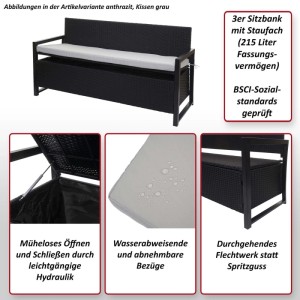 Anthrazitfarbene Poly-Rattan Sitzbank mit beigen Kissen und Staufach. Gartenmöbel.