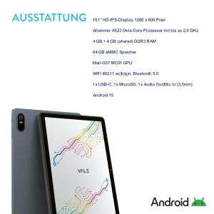 Vale Tablet V10A-464, 64 GB, Android 15, graues ABS-Gehäuse. Zubehör für Computer & Multimedia.