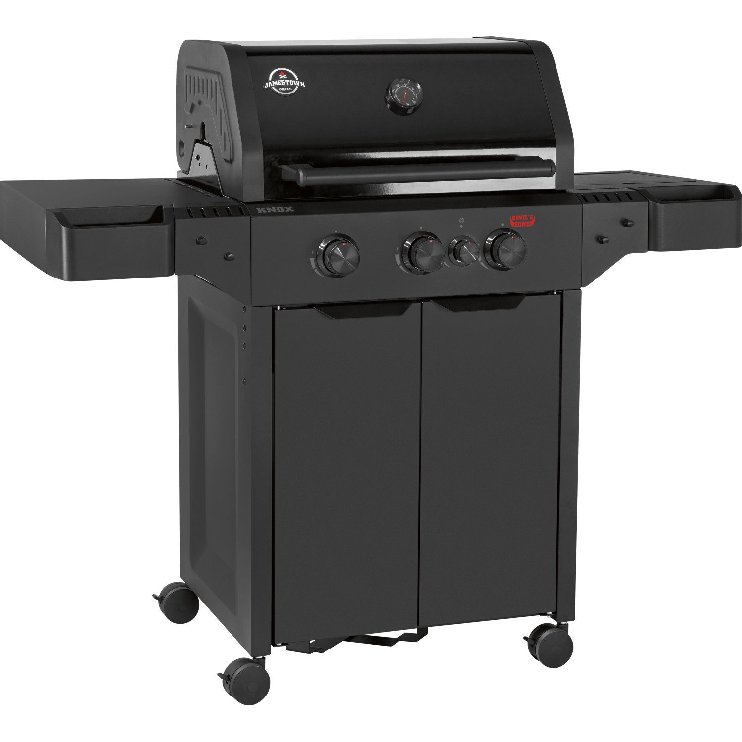 Schwarzer Jamestown 3-Brenner Gasgrill Knox II mit Seitenbrenner und Unterschrank.