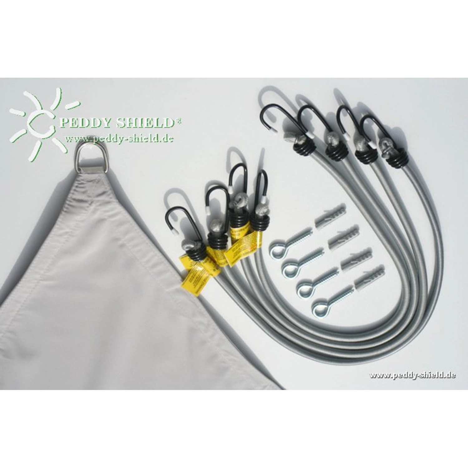 Floracord Vierecksonnensegel, hell silbergrau, 250x300 cm, mit Zubehör (Spanngurte, Schrauben, Dübel) für Montage.