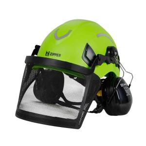 Leuchtend grüner Zipper Forsthelm Profi mit schwarzem Netzvisier, Gehörschutz und Reflektionsstreifen.