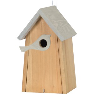 Braun-hellgrauer Nistkasten mit Vogelfigur am Einflugloch, geeignet für kleine Gartenvögel.