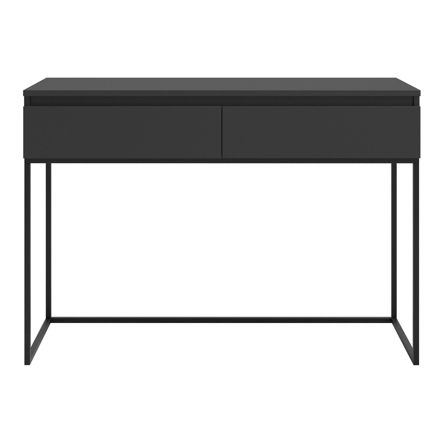 Selsey Bemmi Schminktisch schwarz, modern, mit zwei Schubladen und schwarzem Metallgestell.