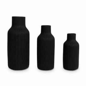Relaxdays Vasen 3er Set Keramik Schwarz Zylindrisch Gerillt 20 cm x ø 9 cm 18 cm x ø 7,5 cm 14,5 cm x ø 6,5 cm