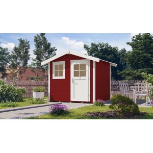 Schwedenrotes Gartenhaus 123 mit Satteldach, 28 mm Wandstärke, mit Fenster und Tür.