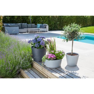 Scheurich Pflanzschalen C-Cone in Stony Black und Grau mit Bepflanzung im Garten.