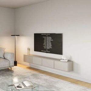 Selsey TV-Hängeboard Framme 200 cm in Kaschmirgrau, wandmontiert, mit 4 grifflosen Klappen unter einem Fernseher.