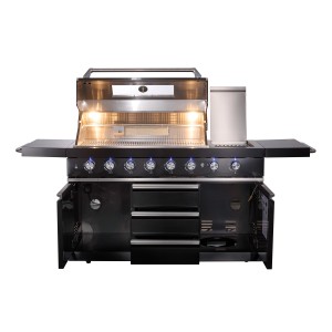 Buschbeck Outdoorküche Chester mit Edelstahlhaube, Grillrost und LED-beleuchteten Drehknöpfen.