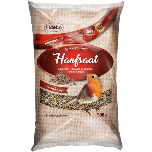 Fidelio Hanfsaat 500g, Wildvogelfutter im Beutel mit Rotkehlchen.