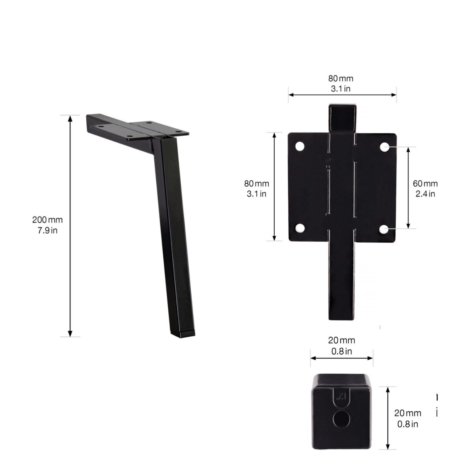 Schwarzes Wagner Sofabein im 80er-Jahre-Stil, 200 mm hoch, mit Montageplatte.