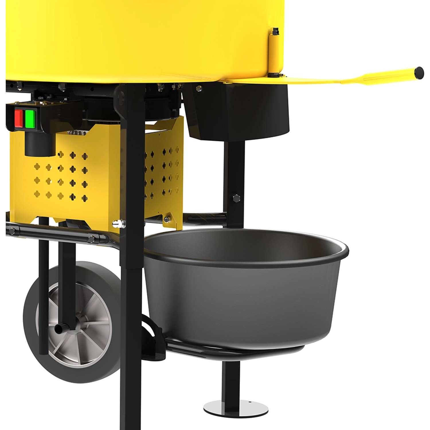Detailaufnahme des gelb-schwarzen Güde Zwangsmischers GZM 120, Baugerät mit Transporträdern und Eimerhalterung.