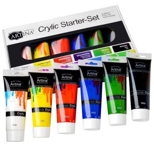 Artina Crylic Acrylfarben Set, 6 Tuben à 120ml in Grundfarben für Künstlerbedarf.