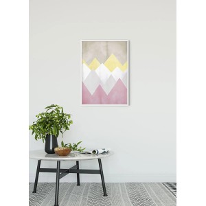 Komar Wandbild Sunrise Mountain Spring, 50x70 cm, mit stilisiertem Bergmotiv in Rosa, Weiß und Gelb.