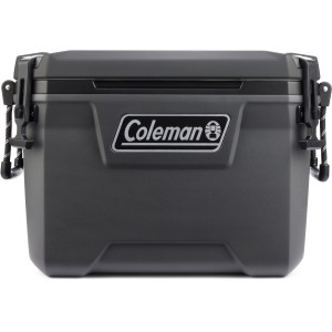 Graue Coleman Kühlbox Convoy 55qt mit Tragegriffen und Coleman Logo.