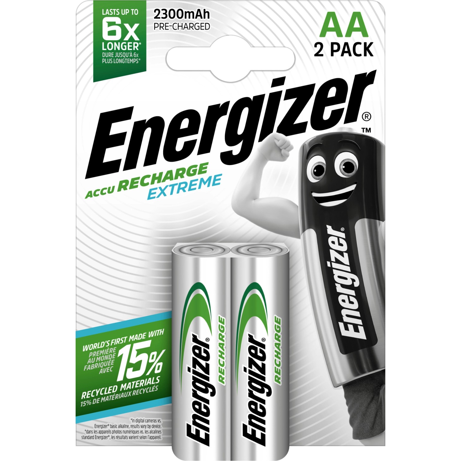 2er-Pack Energizer Extreme AA Akkus, 2300 mAh, wiederaufladbar und vorgeladen.