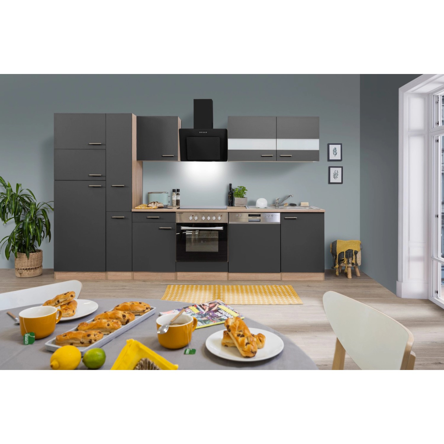 Moderne Respekta Küchenzeile KB310ESGCGKE in Grau-Eiche Sägerau Nachbildung mit E-Geräten.