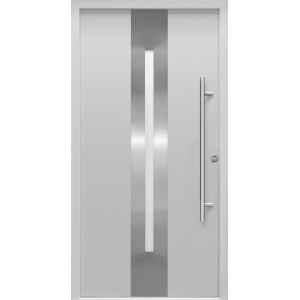 Graue Sicherheits-Haustür ThermoSpace Prime Dublin RC2 mit Edelstahlgriff und Glaseinsatz.