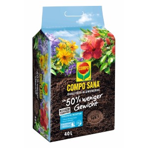 Sack Compo Sana Qualitäts-Blumenerde, torffrei und ca. 50% leichter, für Zimmer-, Balkon- und Gartenpflanzen.