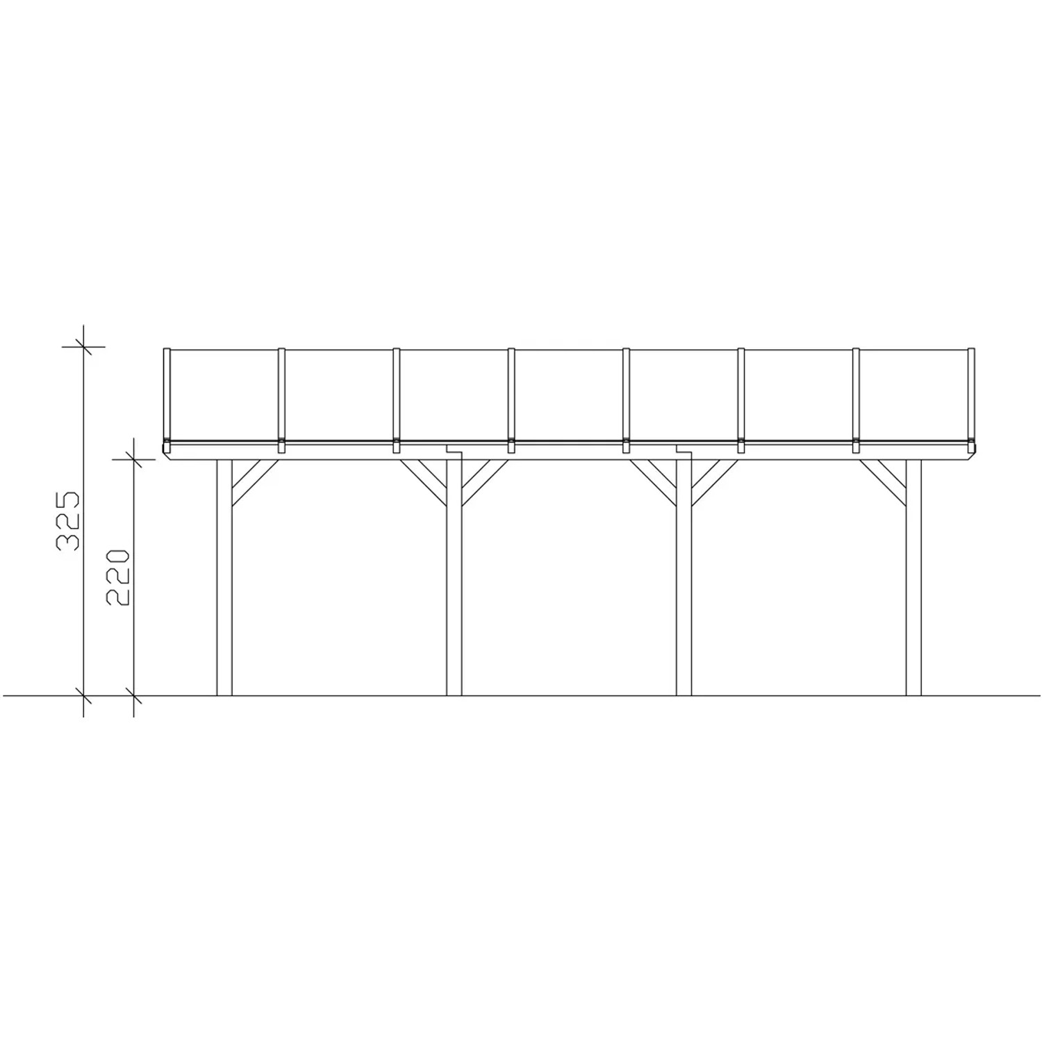 Technische Zeichnung: Skan Holz Bogendach-Carport Franken Nussbaum, Seitenansicht mit Höhenangaben.