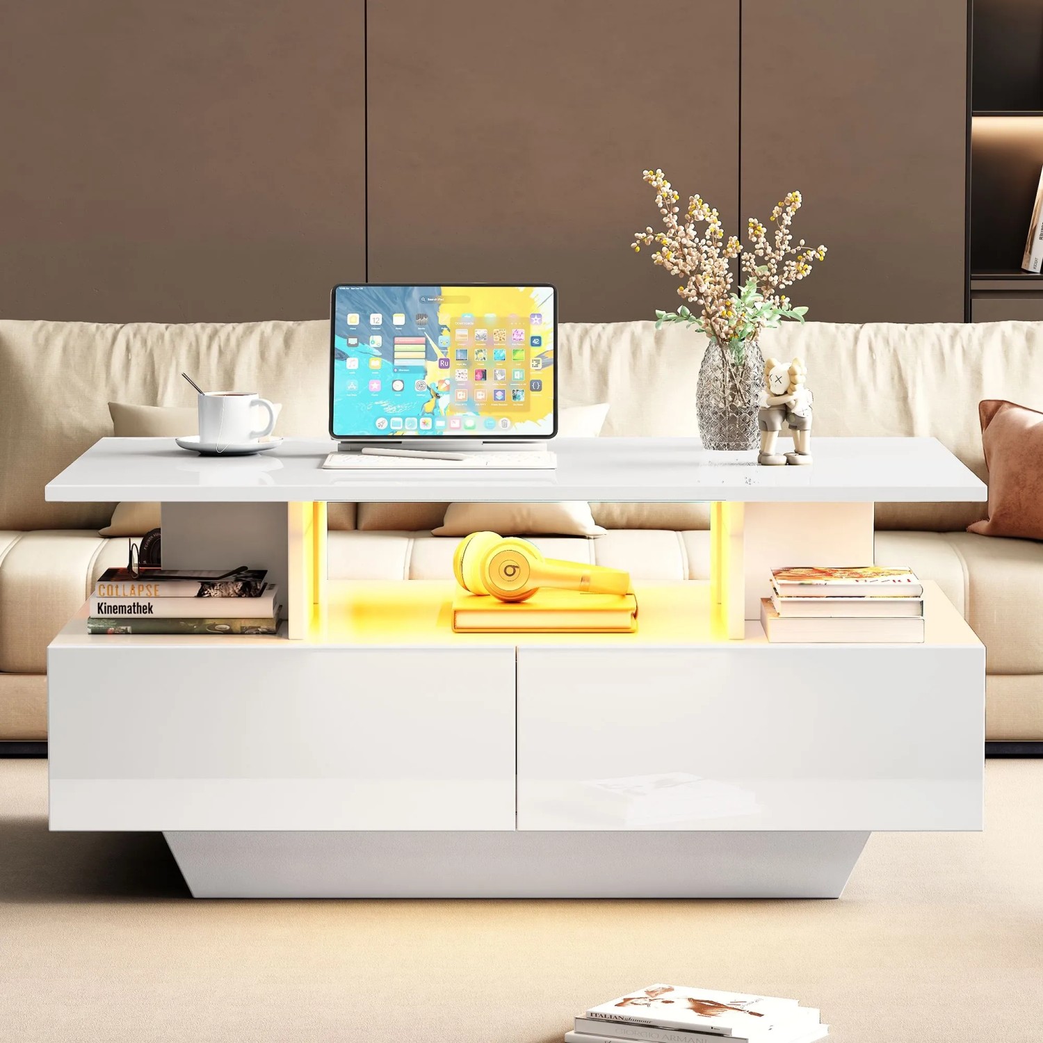 okwish Couchtisch mit LED 2 Schubladen Stauraum 90x55x41cm Hochglanz Weiß_4