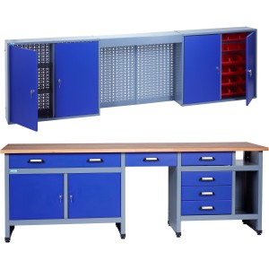 Küpper Werkstatt-Set: Werkbank mit Buchenholzplatte, Hängeschrank, blau/grau, 240 cm breit.