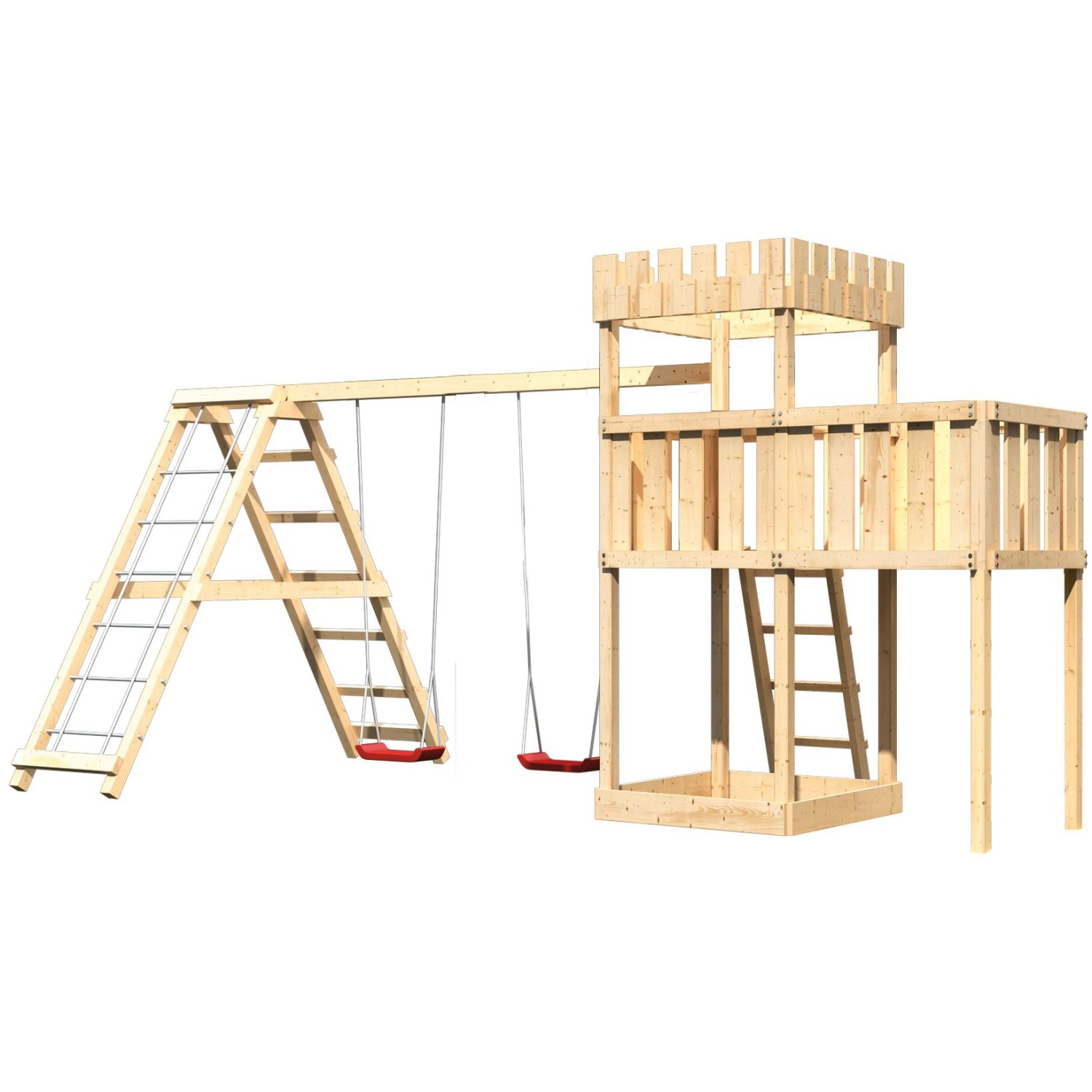 Karibu Ritterburg Löwenherz Spielturm mit Doppelschaukel, Klettergerüst und Anbauplattform.