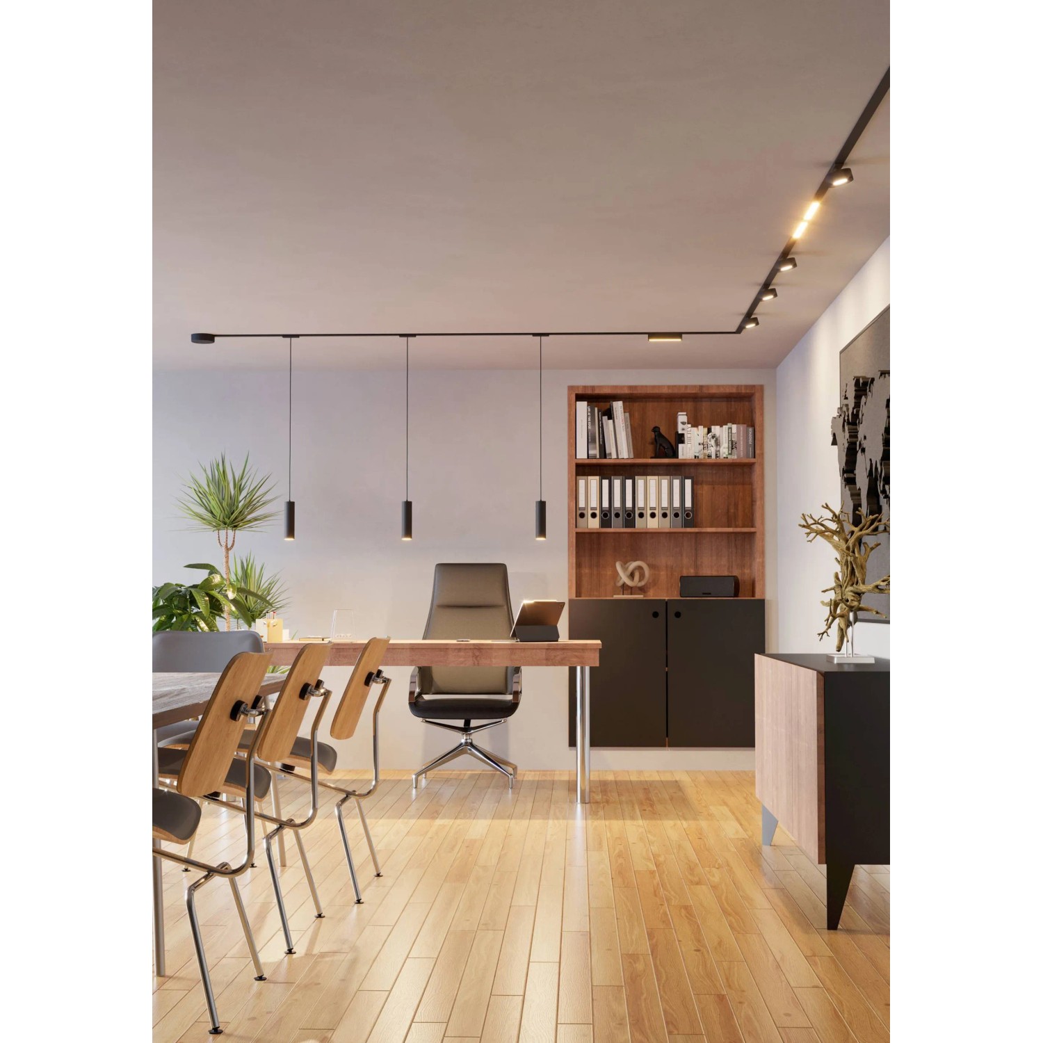 EGLO LED-CCT-Spot TPLUS in Schwarz an LED-Schienensystem im Büro.