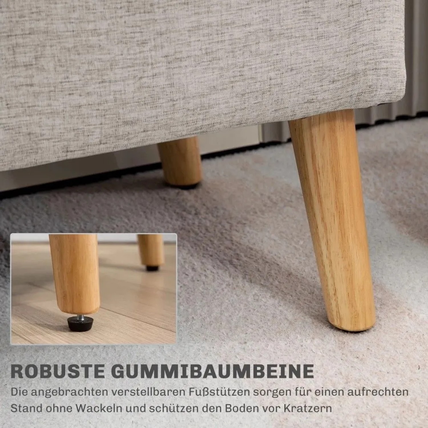 Beige HOMCOM Sitzbank: Detailansicht der robusten Gummiholzbeine mit verstellbaren Fußstützen auf Teppich.
