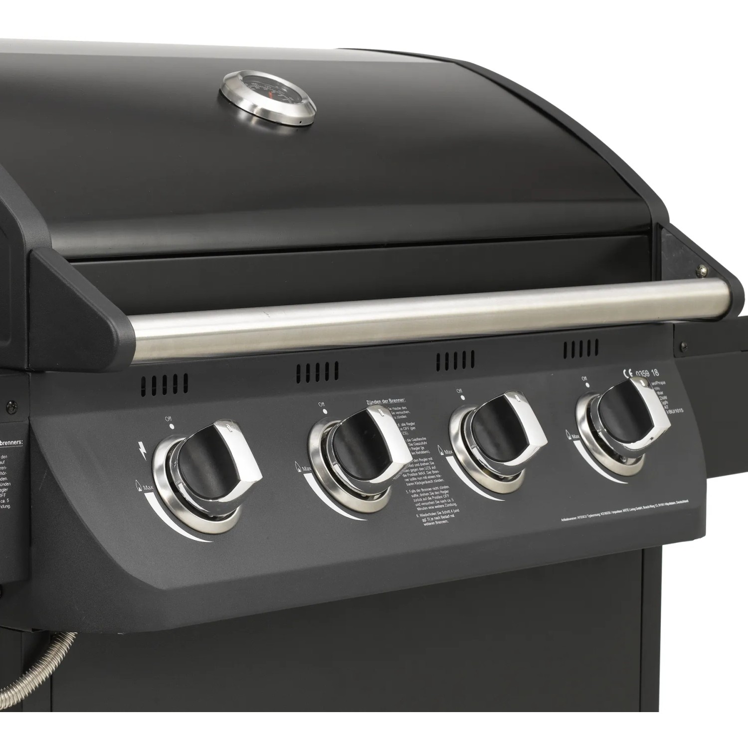 Detailansicht des El Fuego Gasgrills Columbus mit 4 Brennern und Bedienelementen.