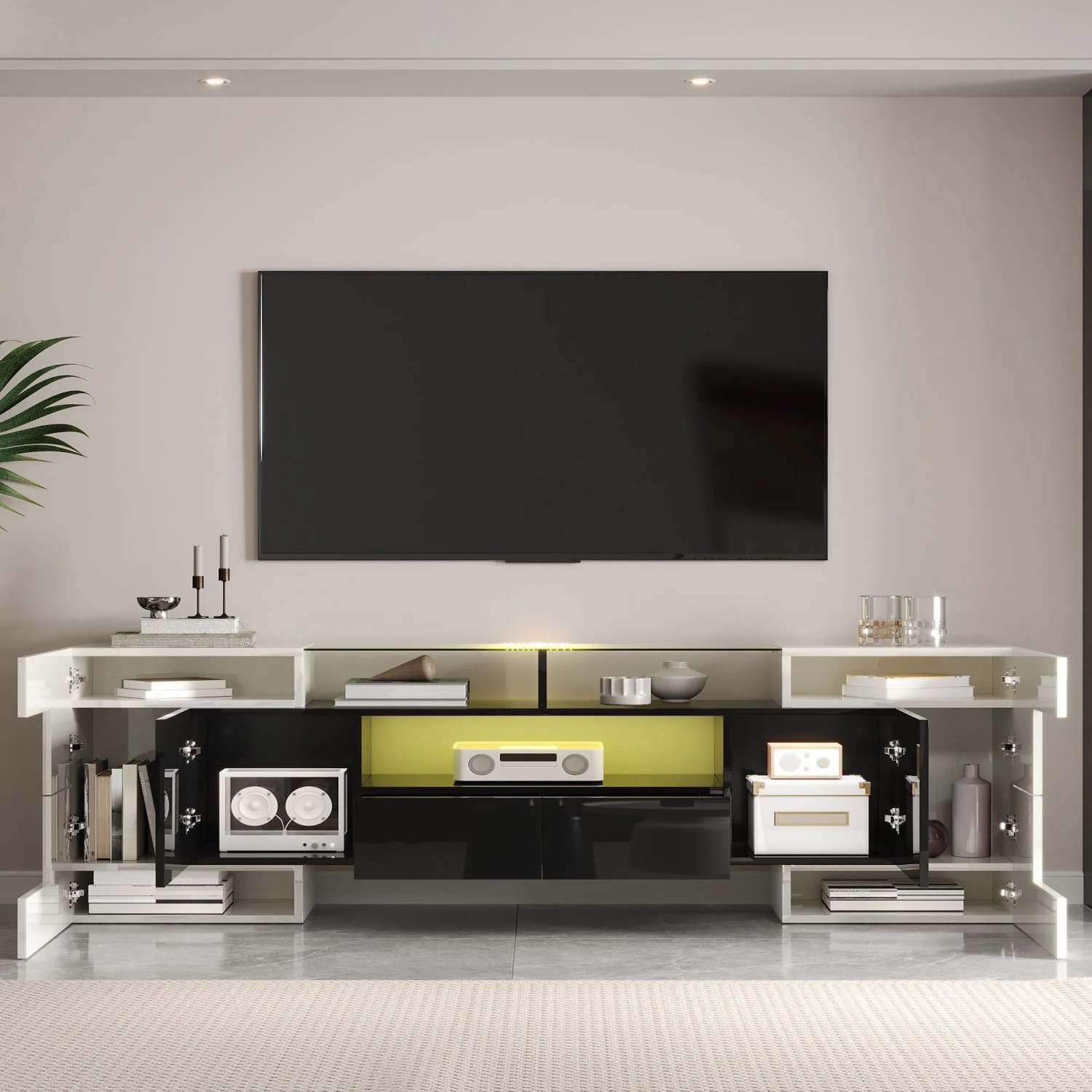 okwish TV Schrank mit LED Stauraum Glasoberfläche 200x35x60cm Hochglanz Weiß Schwarz_4