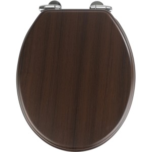 Wenko WC-Sitz Wengé MDF FSC® in Dunkelbraun, ovale Form mit Chrom-Scharnieren.