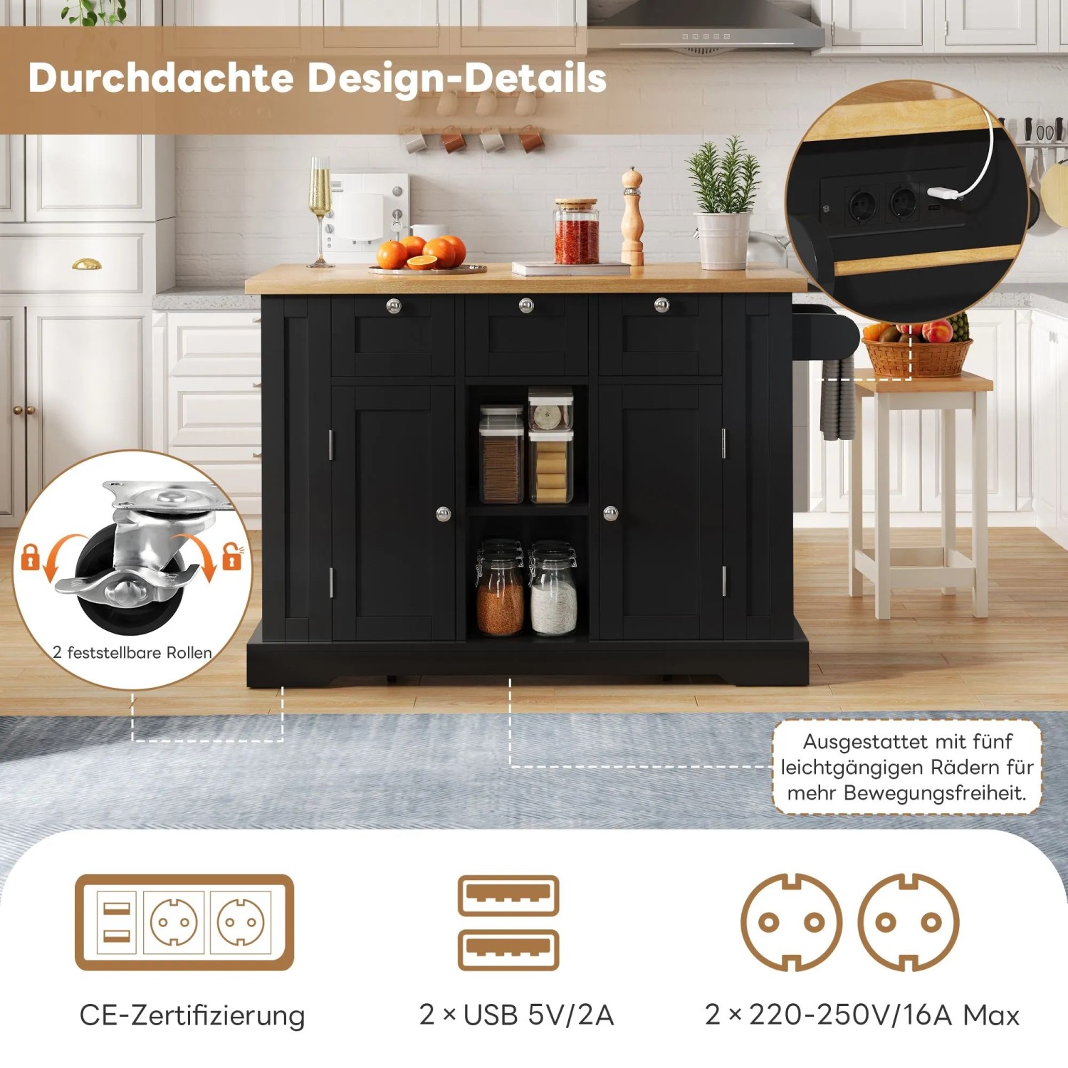 okwish Küchenwagen mit Klappbarer Arbeitsplatte Schublade Gewürzregal 132x40-70x87cm Schwarz_8
