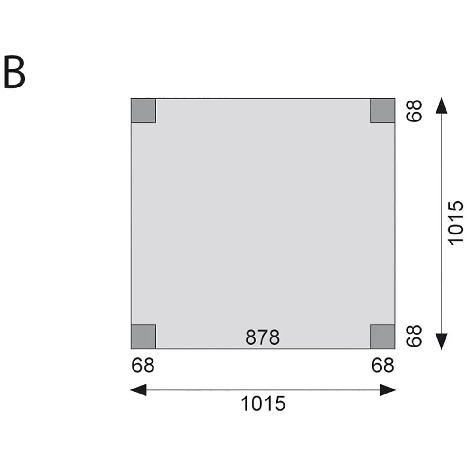 Grundriss Karibu Stelzenhaus Frieda: Quadratische Plattform mit Maßangaben für Spielturm.