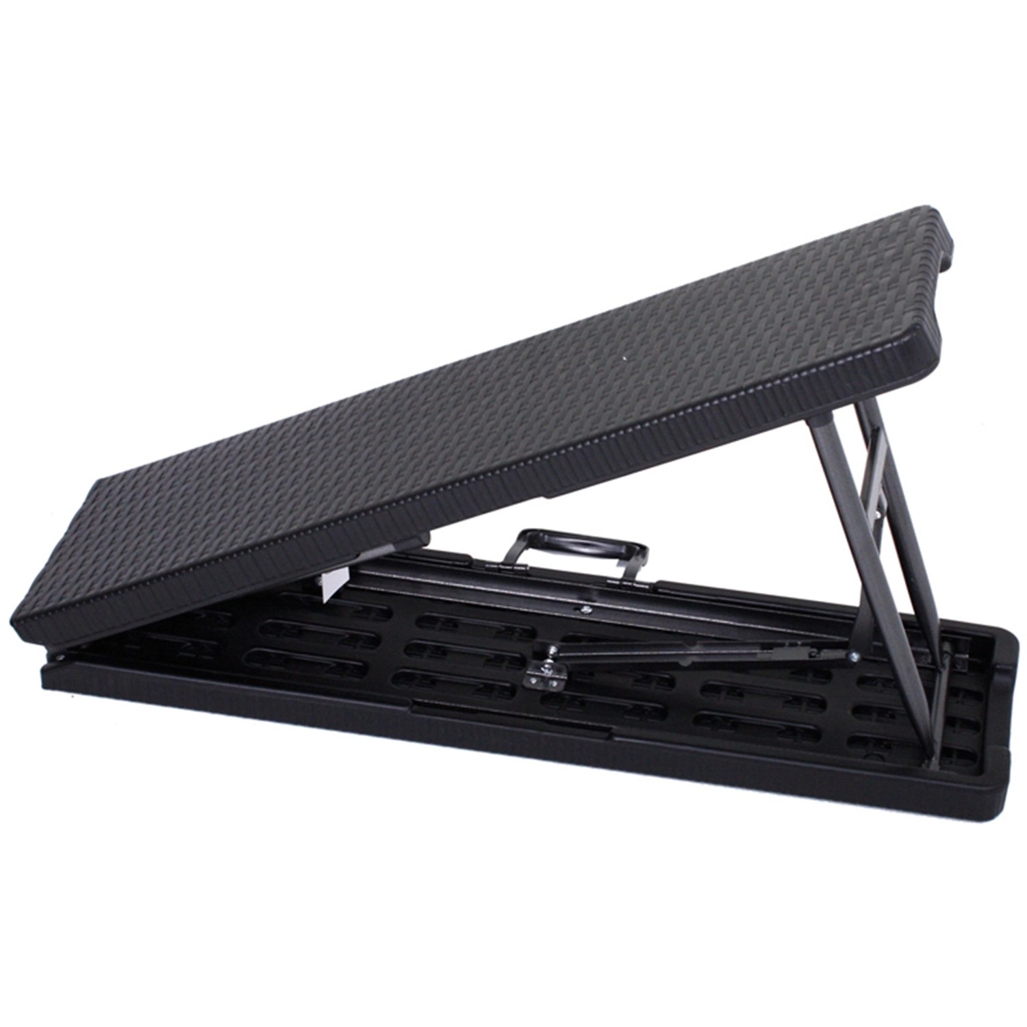 Zusammengeklapptes, 3-teiliges Balkonmöbel-Set Ventana in Rattanoptik, bestehend aus Tisch und Bänken.