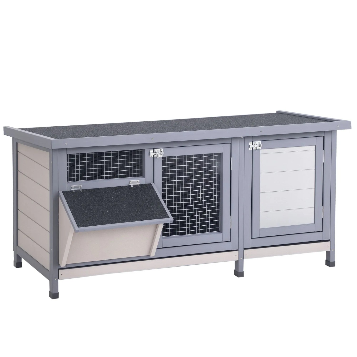 Grauer Hasenstall aus Tannenholz mit Drahtgitter, dunklem Dach und Futterbox. Ideal für Kleintiere.
